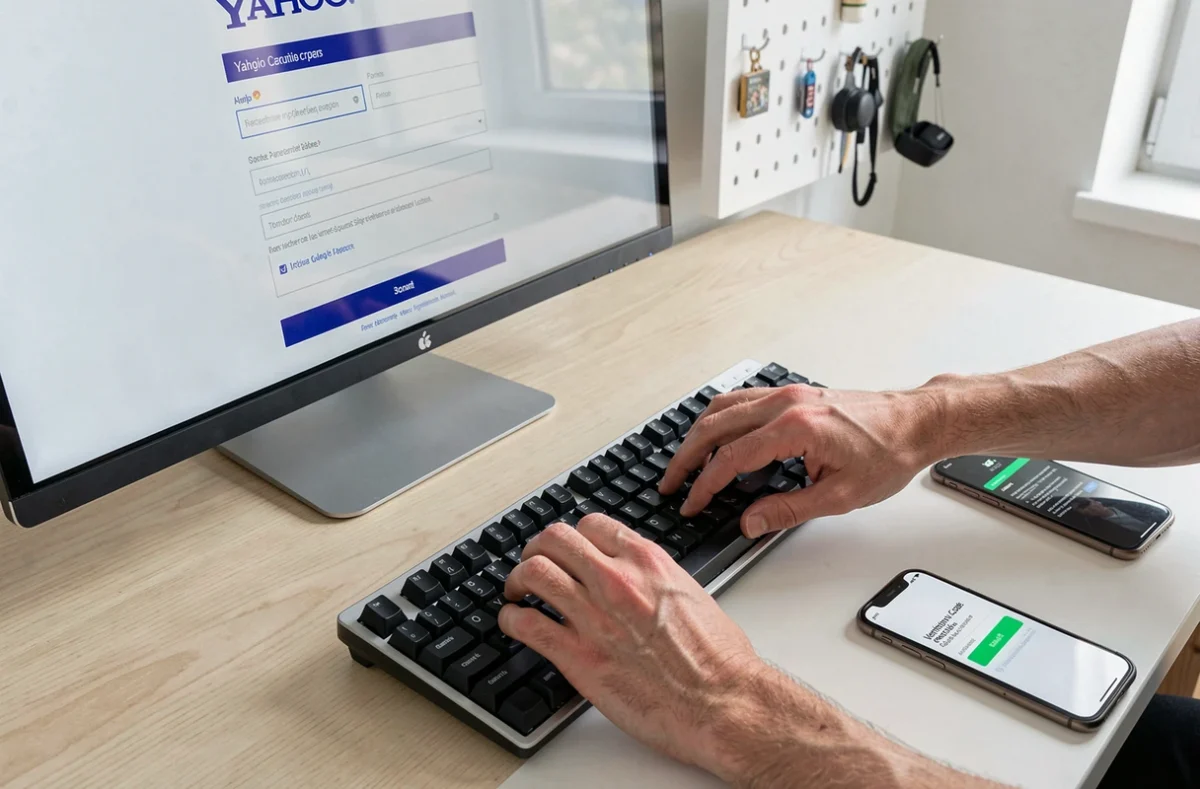 Gros plan sur des mains en train de remplir le formulaire d'inscription Yahoo Mail sur un ordinateur de bureau