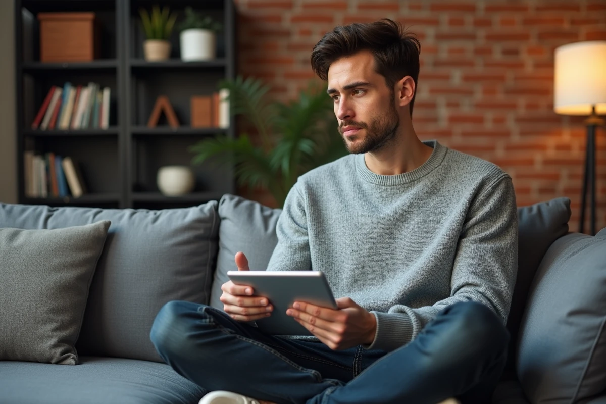 Jeune homme consultant les formules gratuites et payantes d'un logiciel emailing sur une tablette à domicile