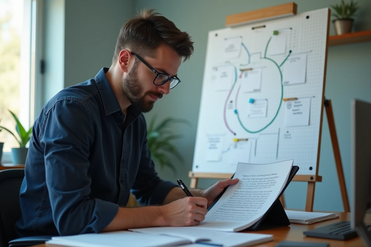 Game designer annotat un document GDD imprimé en référençant un diagramme narratif sur tablette dans un bureau à domicile