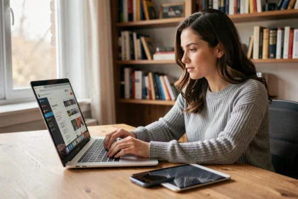 Femme gérant ses recherches internet sur plusieurs appareils à son bureau à domicile