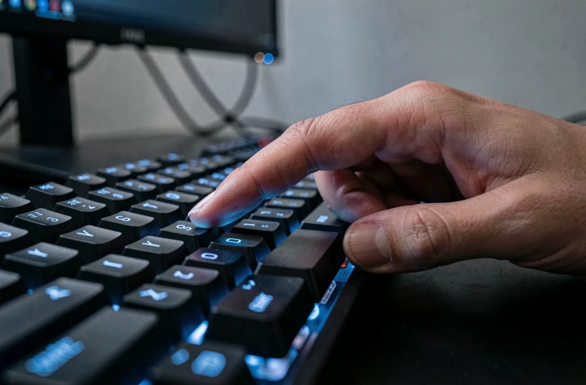 Gros plan sur une main posée sur la touche Shift d'un clavier gaming RGB rétroéclairé