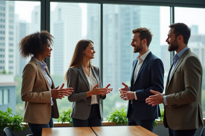 Quatre adultes en réunion dans une salle moderne