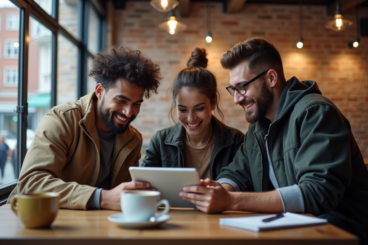 Groupe de trois personnes discutant autour d un cafe