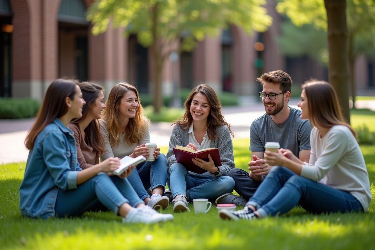 Six personnes discutant en plein air sur l