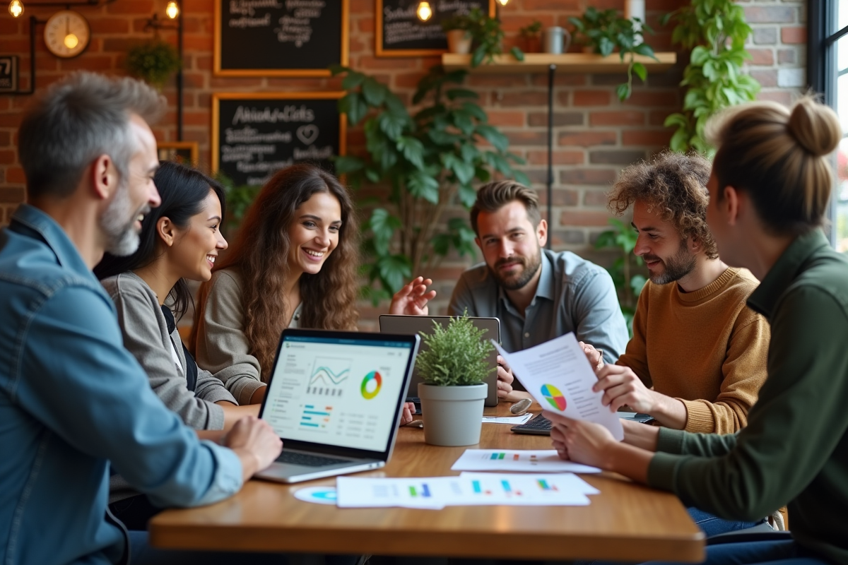 Groupe de commerçants analysant des graphiques dans un café chaleureux