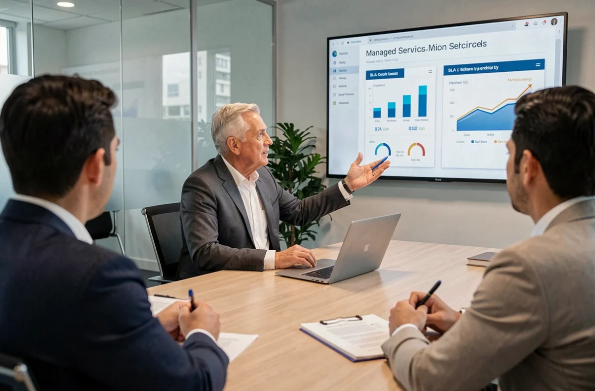 Consultant senior du Groupe Hisi présentant une proposition d'infogérance à des clients en salle de réunion