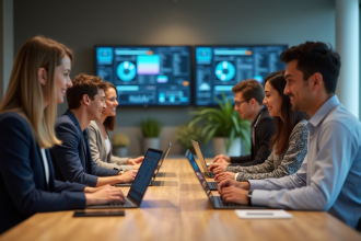 Groupe de professionnels collaborant dans un espace moderne