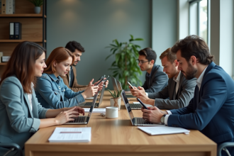 Groupe d'adultes au bureau utilisant smartphones et laptops