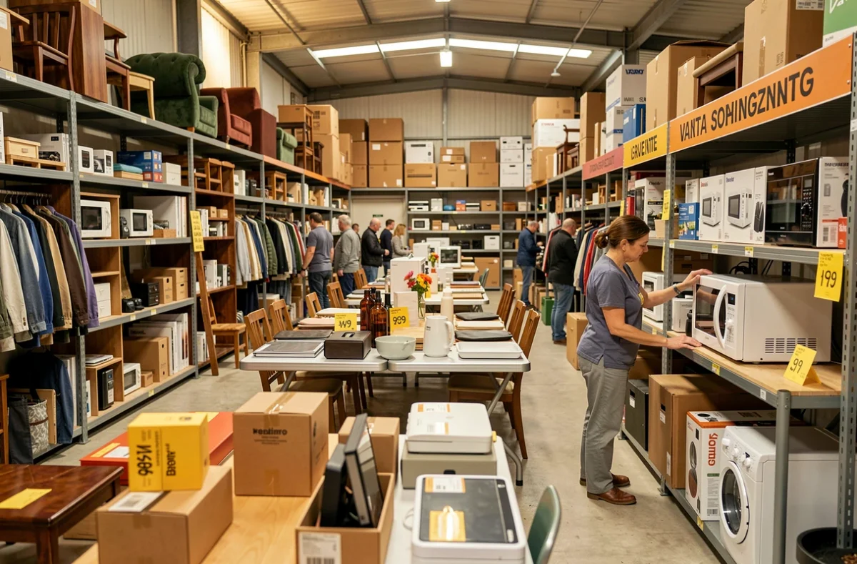 Vue intérieure de La Halle de l'Occas avec du matériel reconditionné exposé dans un dépôt-vente généraliste