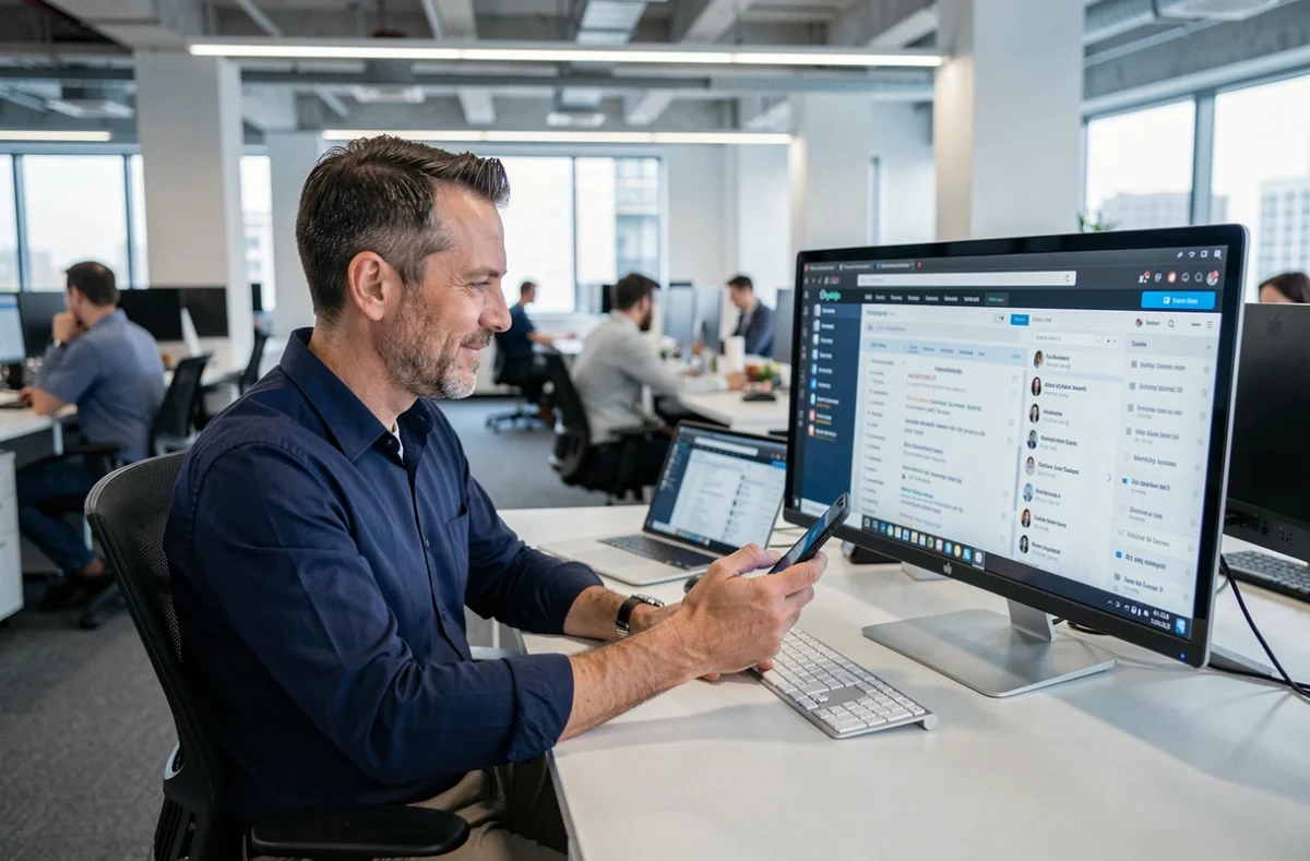 Homme professionnel consultant son historique de recherche sur plusieurs écrans en open space