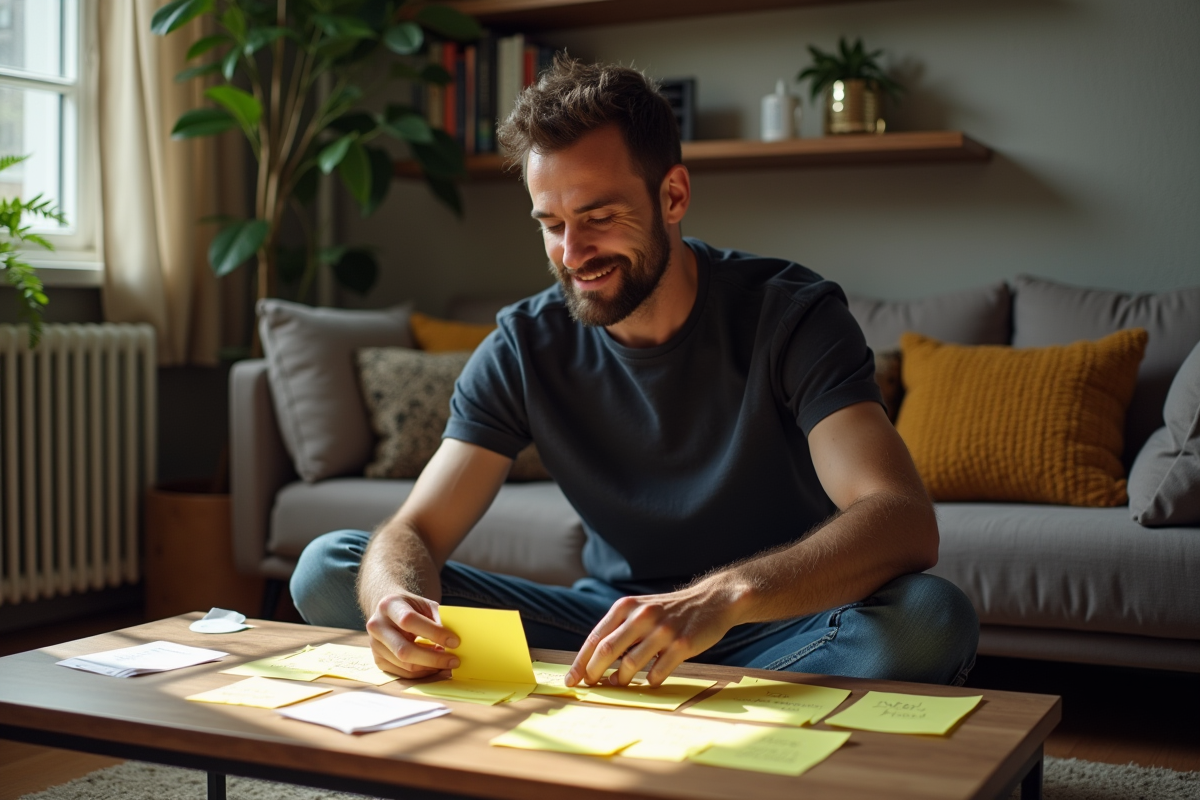 Homme assembleur de notes sur table en salon