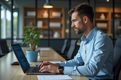 Homme d'affaires utilisant une base Access sur son ordinateur