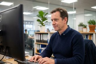 Homme d'affaires concentré travaillant sur son ordinateur en bureau moderne