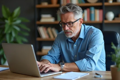 Homme d'âge moyen au bureau à domicile en train de se connecter