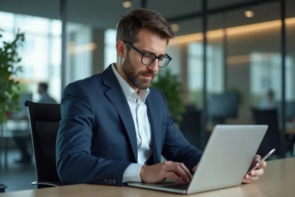 Homme en costume utilisant smartphone et ordinateur au bureau