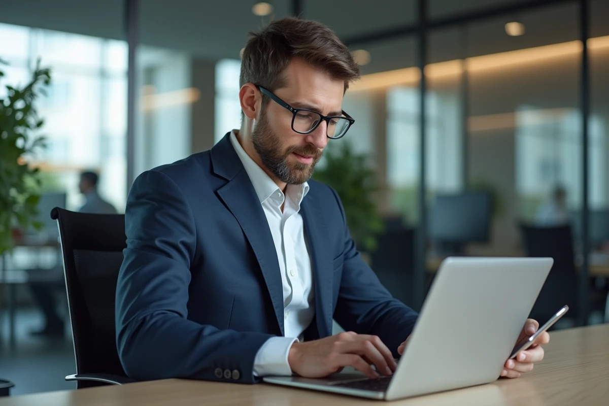 Homme en costume utilisant smartphone et ordinateur au bureau