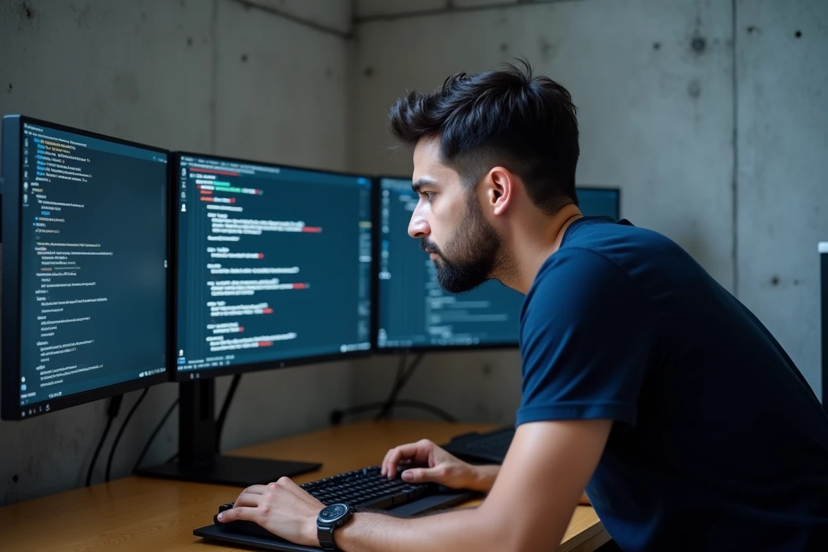 Homme consultant des messages Discord formatés sur un grand écran dans un bureau moderne minimaliste