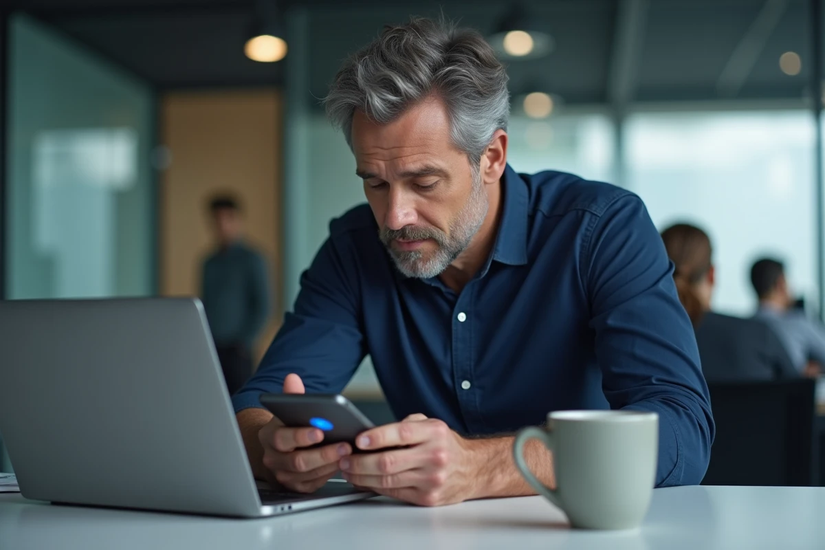 Homme en bureau analysant l'icône cercle bleu de Meta AI sur WhatsApp, environnement professionnel moderne