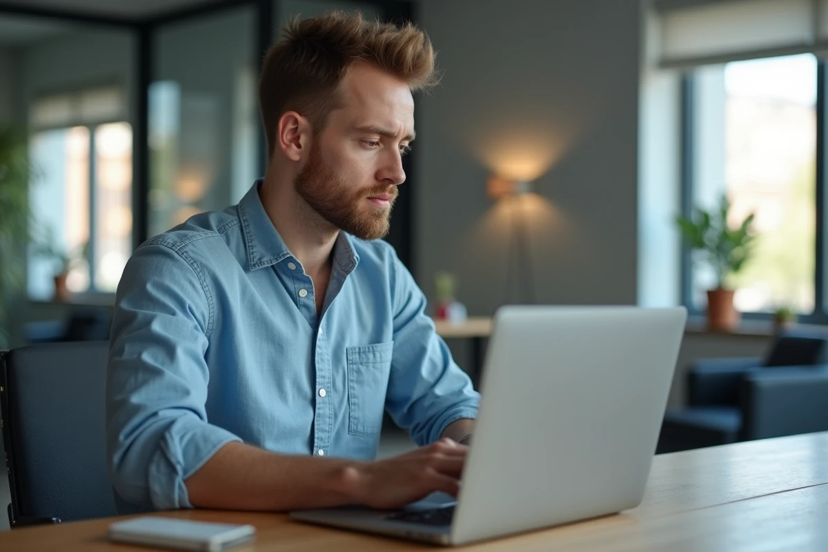 Homme en bureau moderne travaillant sur son ordinateur