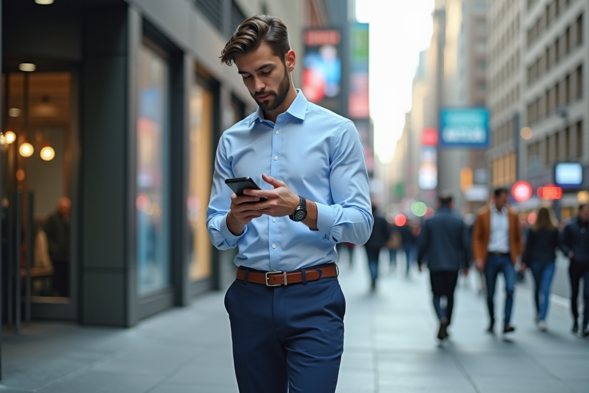 Jeune homme marchant en ville en regardant son smartphone