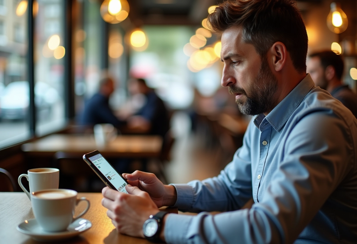 Homme cherchant des options de téléchargement MP3 au café