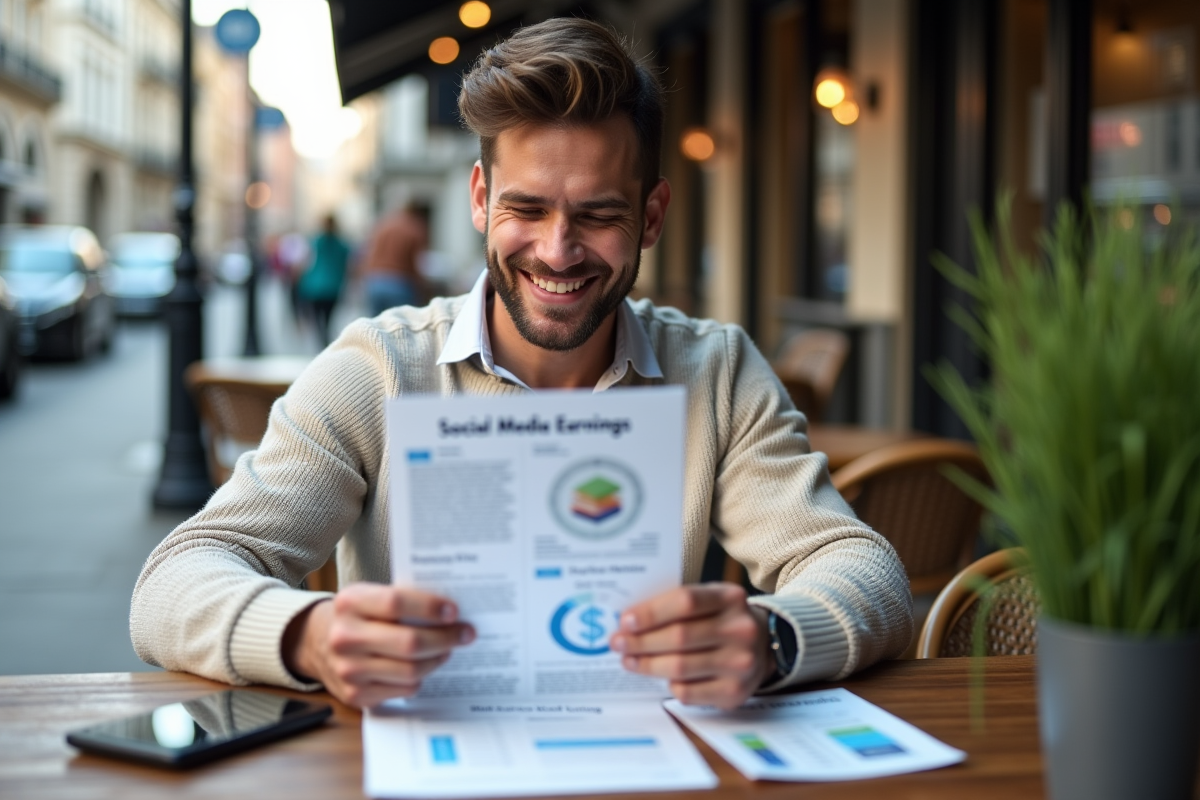 Homme souriant lisant un rapport dans un café urbain