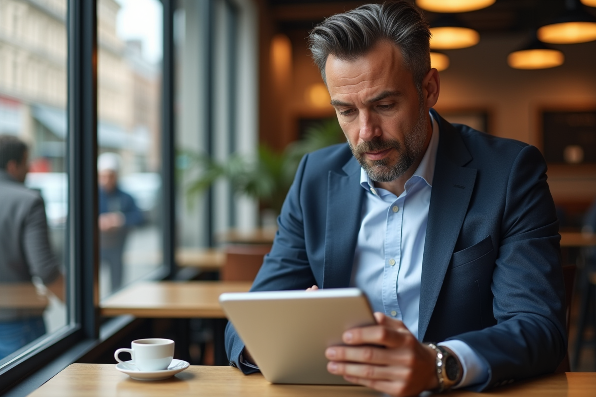 Homme analysant des résultats publicitaires dans un café