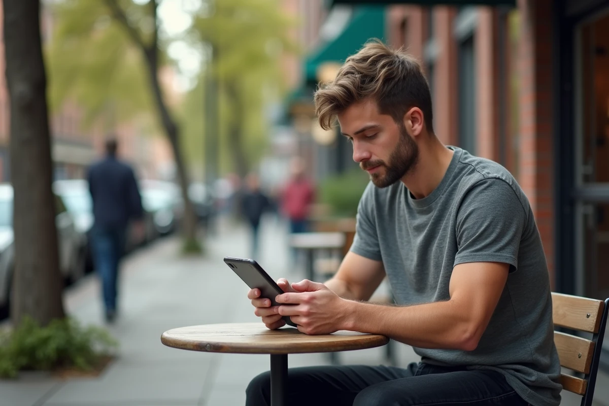 Jeune homme décontracté utilisant une tablette dans un café en ville