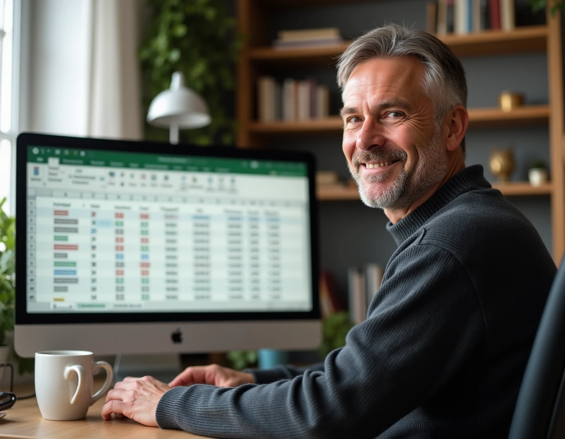 Homme travaillant sur un tableau Excel de calcul de durées et soustraction d'horaires depuis son bureau à domicile