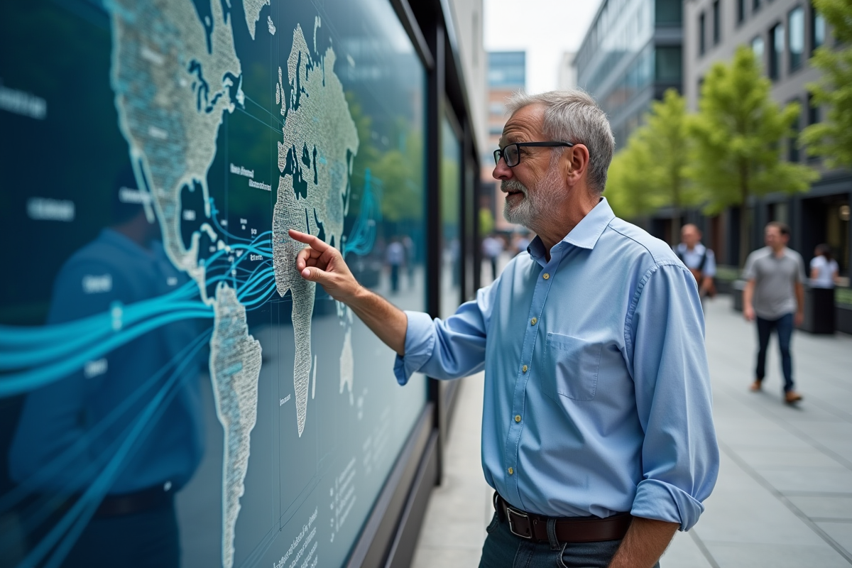 Homme expliquant la carte du réseau internet en extérieur