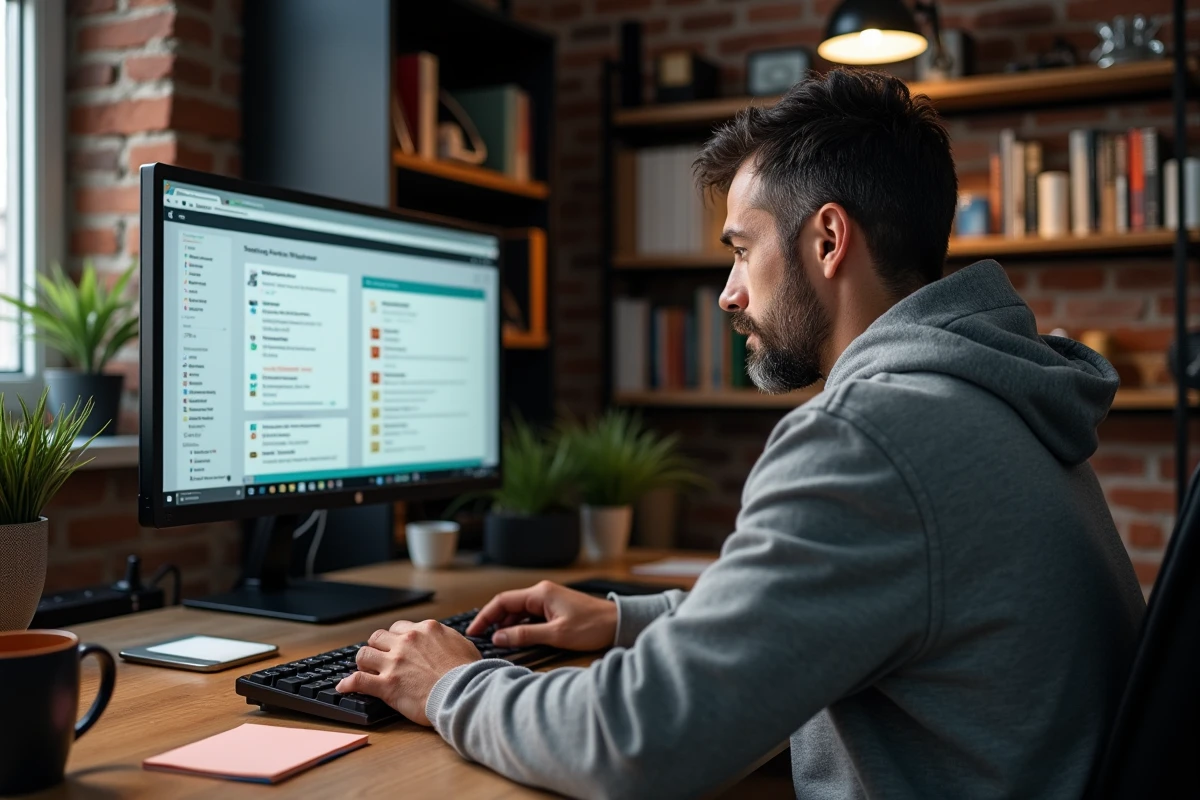 Homme en sweat gris comparant deux services de messagerie temporaire sur un écran d'ordinateur dans un bureau à domicile, illustrant la vérification des alternatives à Yopmail
