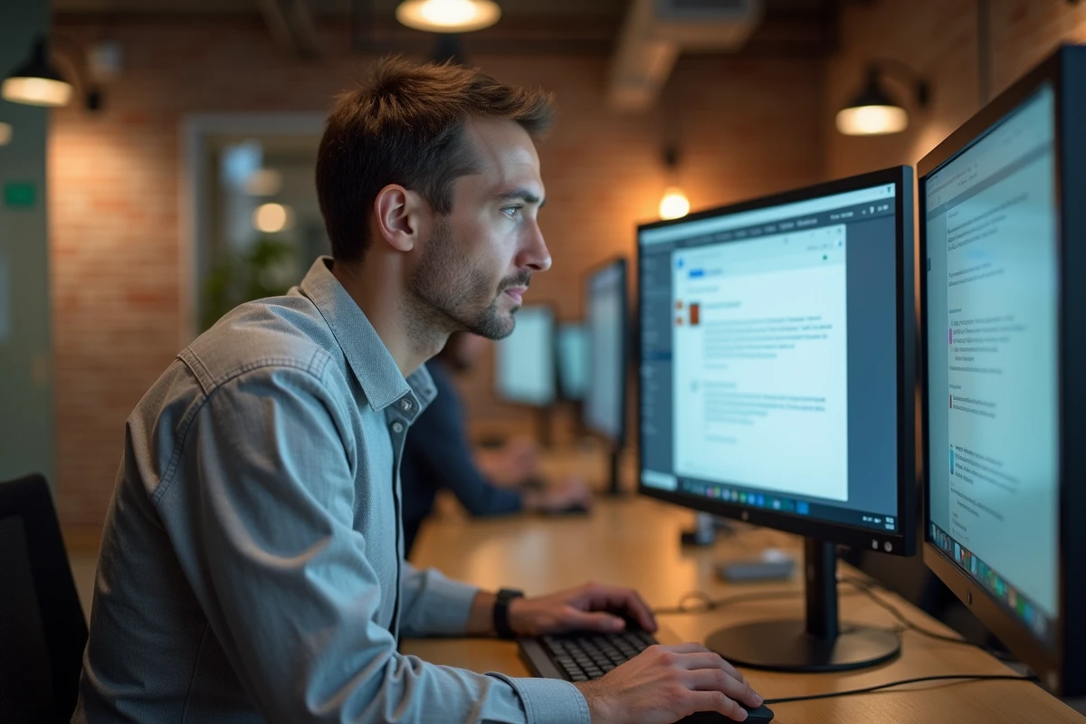 Homme en espace de coworking gérant plusieurs adresses email professionnelles sur deux écrans