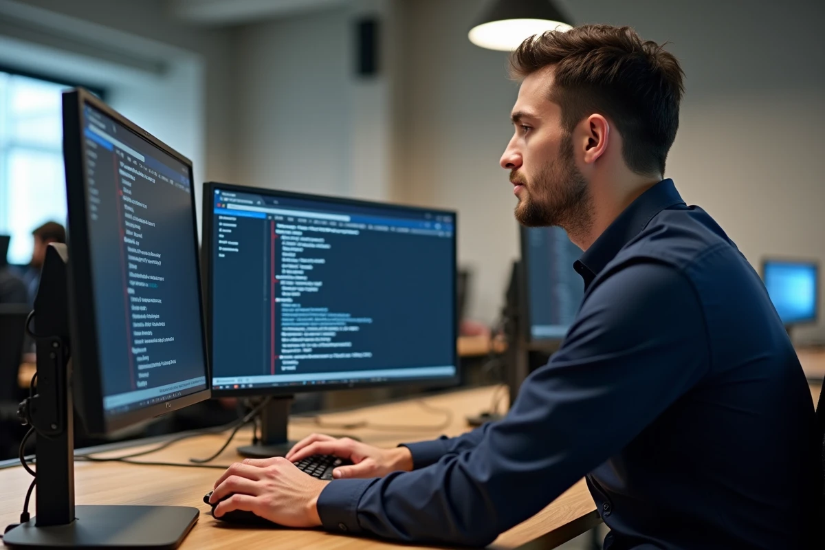 Homme configurant les fonctionnalités expérimentales Chrome flags sur un poste de travail double écran en open space