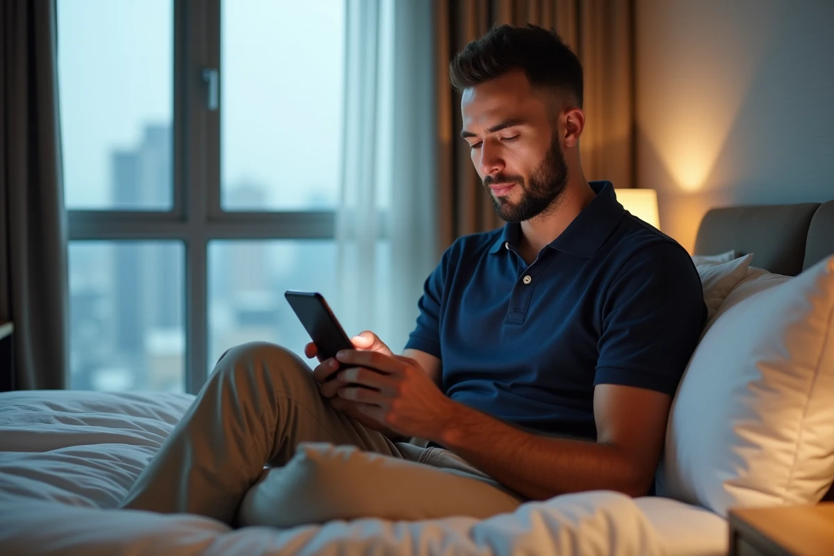 Homme lisant ses emails AOL sur smartphone dans une chambre d'hôtel lors d'un voyage à l'étranger