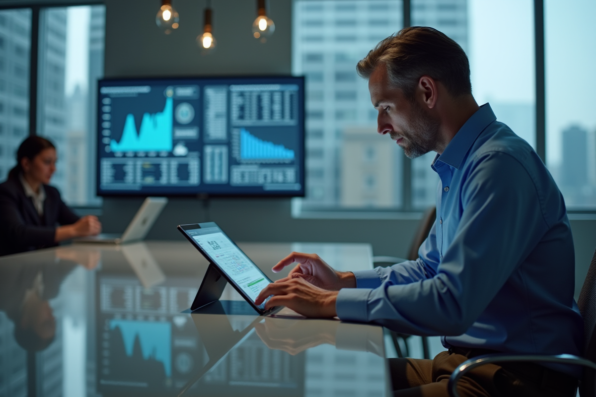 Homme travaillant sur une tablette avec graphiques financiers
