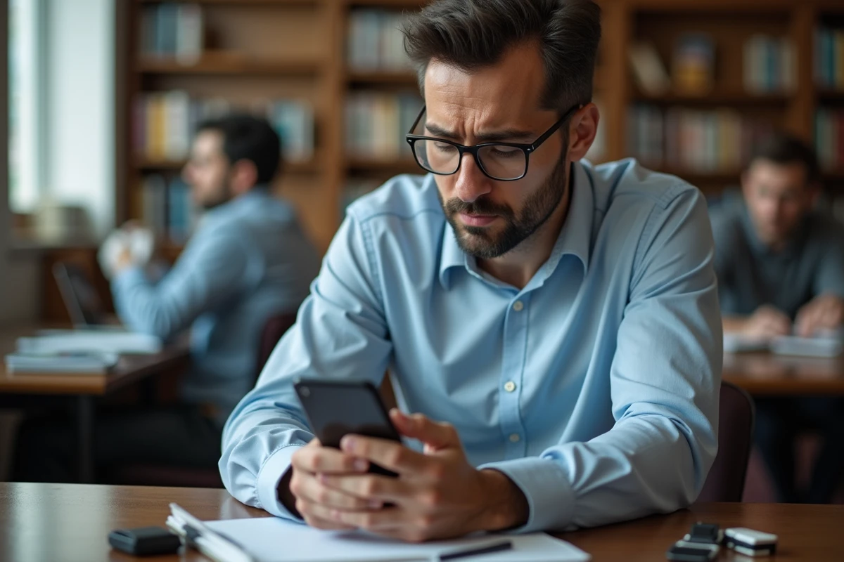 Homme concentré analysant des fichiers audio à la bibliothèque