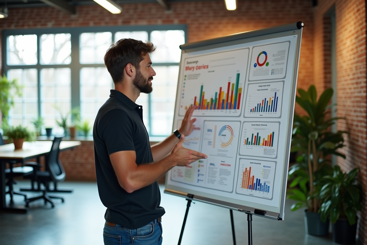 Homme digital marketing discutant devant un tableau blanc
