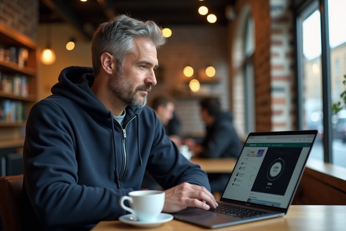 Homme travaillant avec un navigateur VPN intégré dans un café urbain, navigation anonyme sur ultrabook
