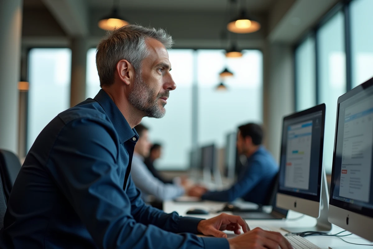 Homme configurant les paramètres de confidentialité de Google sur un ordinateur dans un bureau en open space
