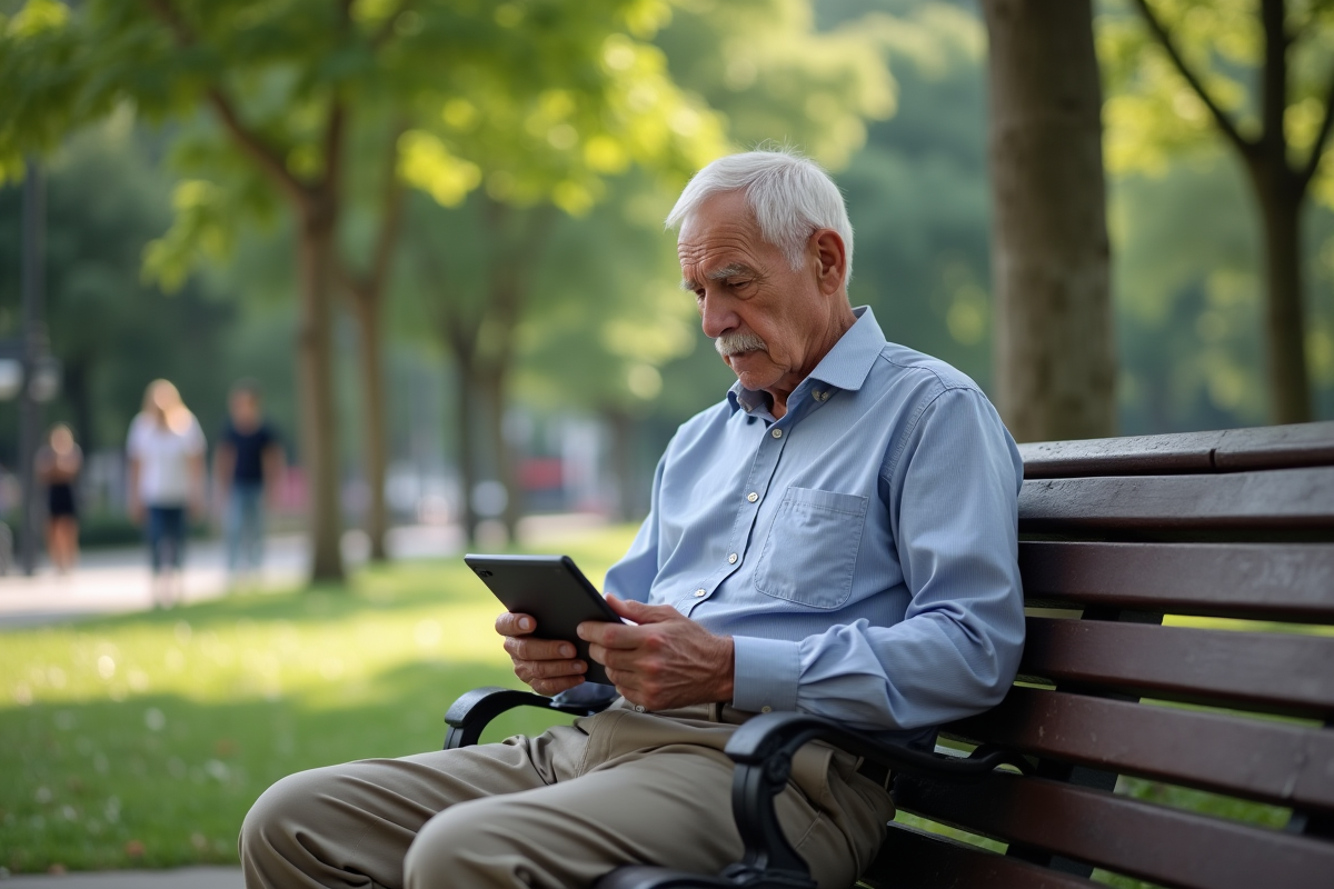Homme âgé assis sur un banc dans un parc urbain avec tablette