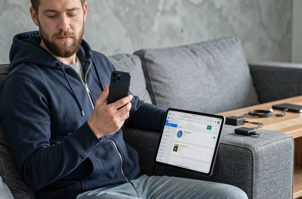 Homme tentant de récupérer des données d'un Samsung Flip 4 à écran noir à l'aide d'une application alternative sur tablette