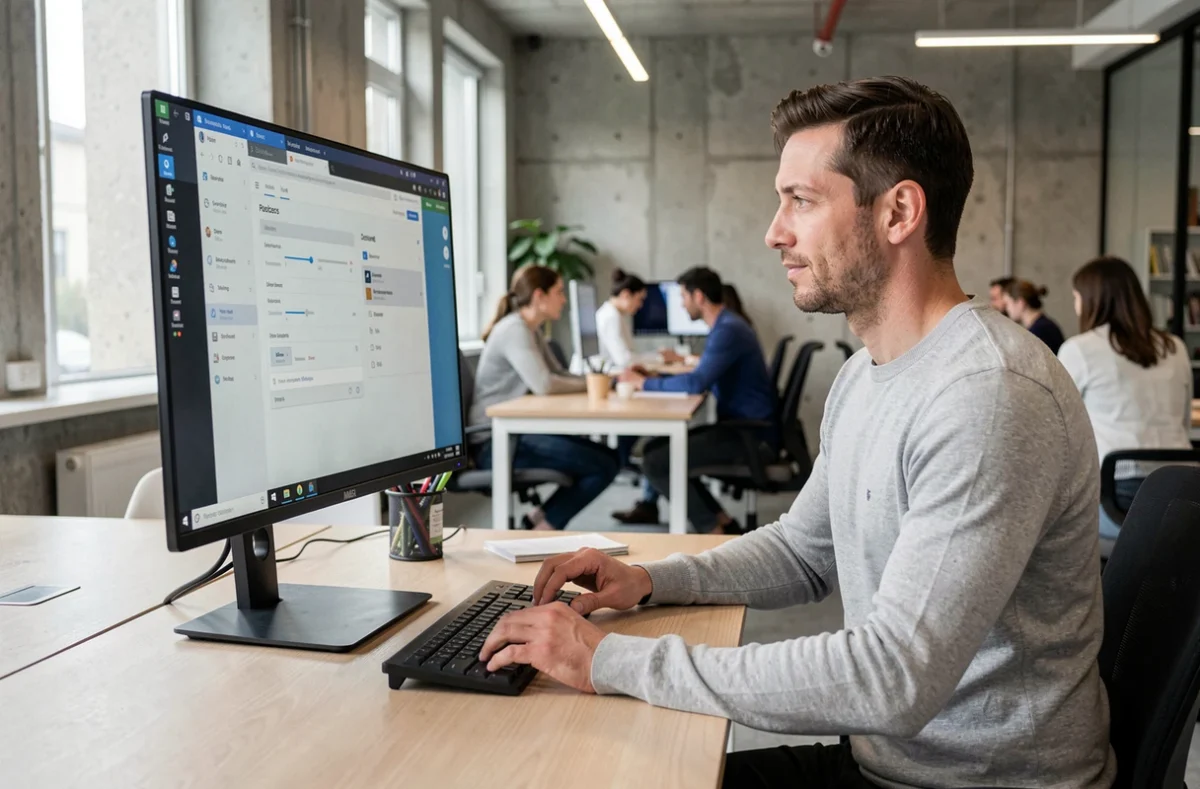 Homme configurant les réglages de l'extension LanguageTool dans un espace de coworking moderne