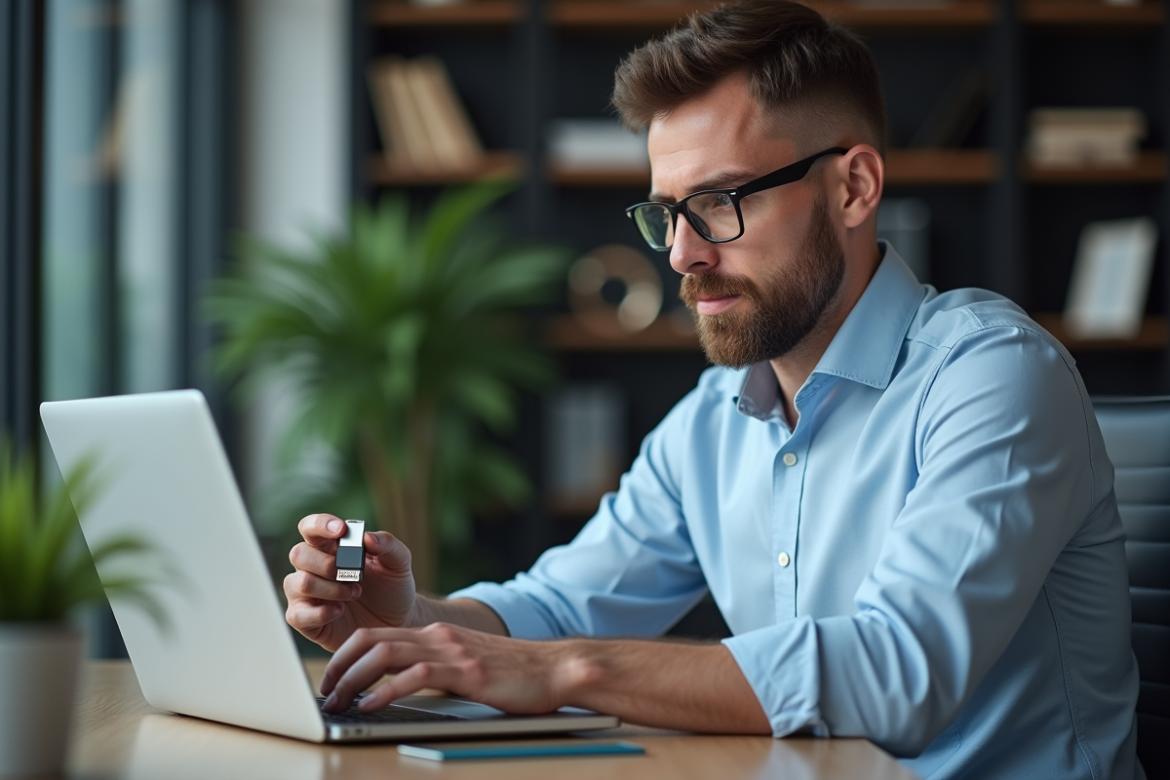 Homme d affaires inspectant son ordinateur avec clé USB sécurité