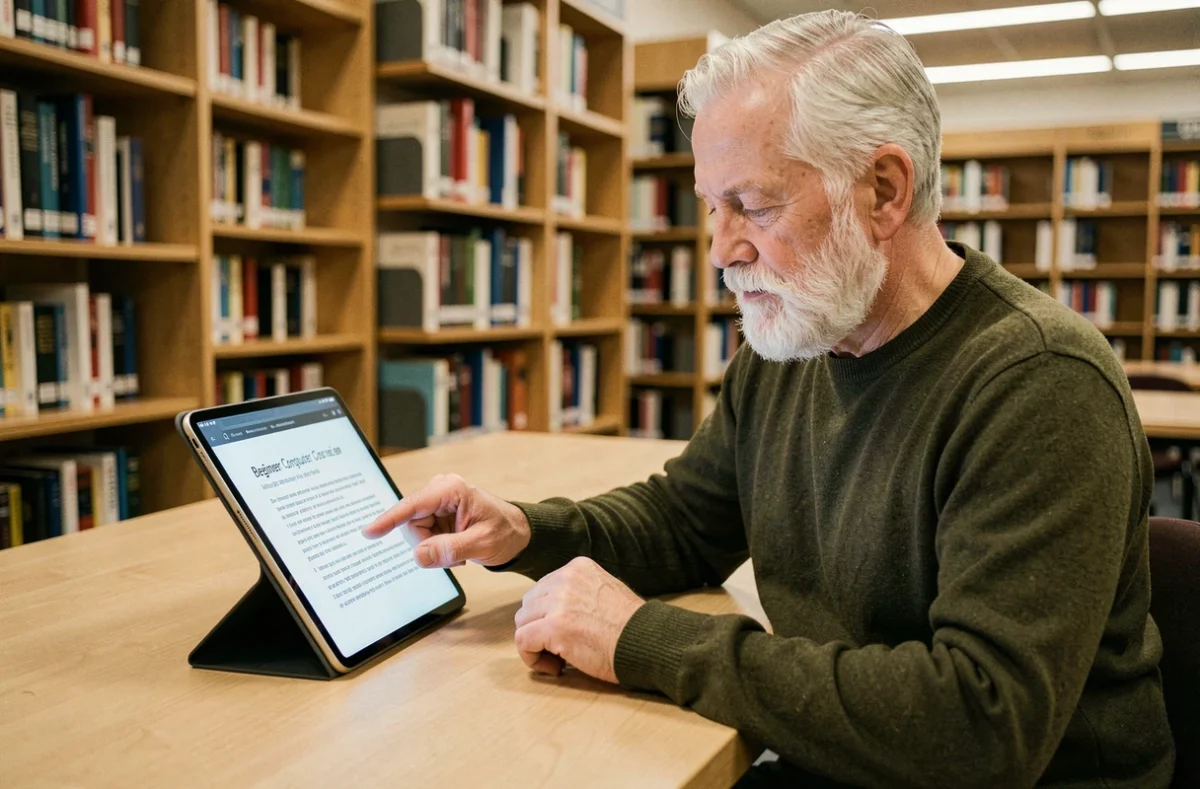 Homme senior de 68 ans consultant un cours d'informatique pour débutants en PDF sur une tablette dans une bibliothèque municipale
