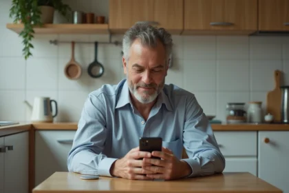 Homme en tenue casual regardant un Galaxy 4G dans la cuisine