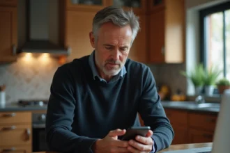 Homme de 40 ans utilisant son smartphone dans la cuisine