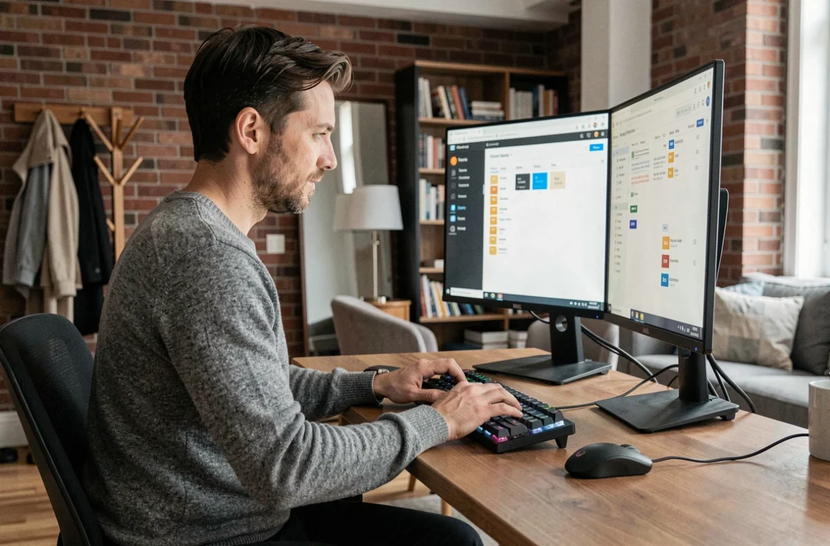 Homme en télétravail utilisant un webmail sur un double écran dans un appartement moderne avec bureau ergonomique