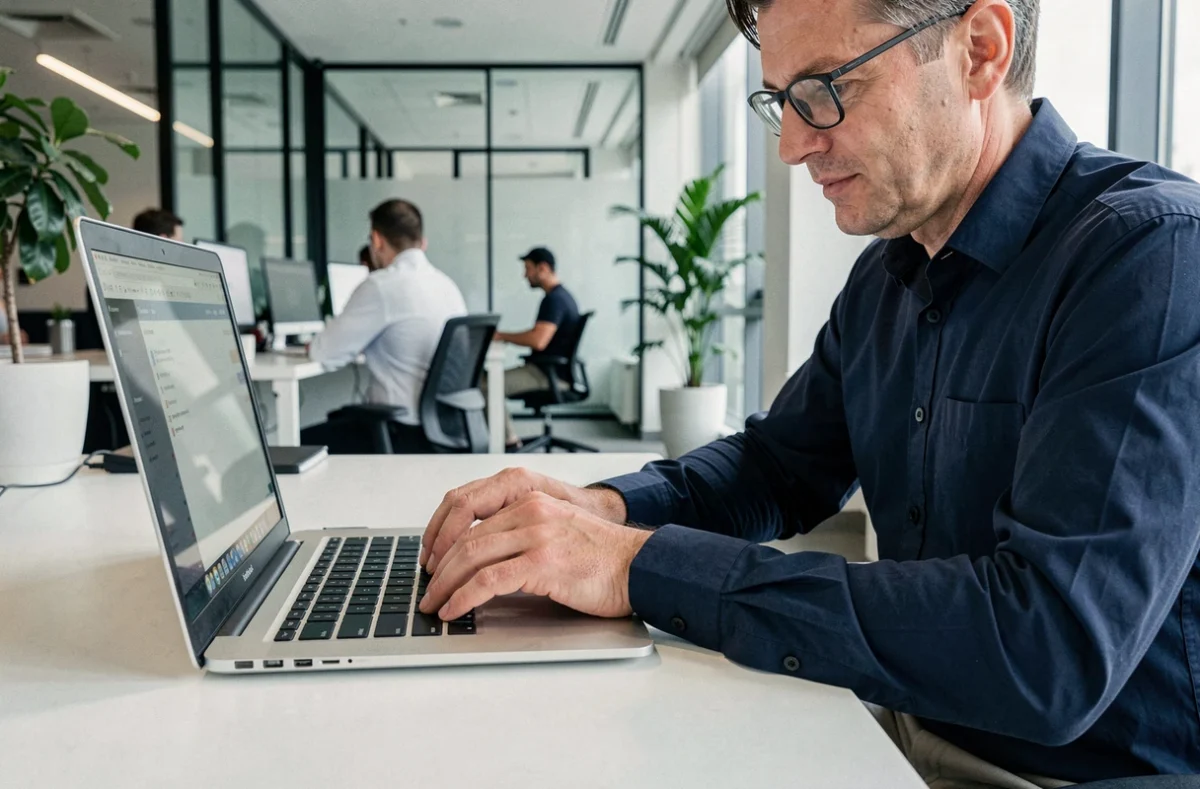 Homme en bureau professionnel utilisant la touche Shift sur le clavier de son laptop
