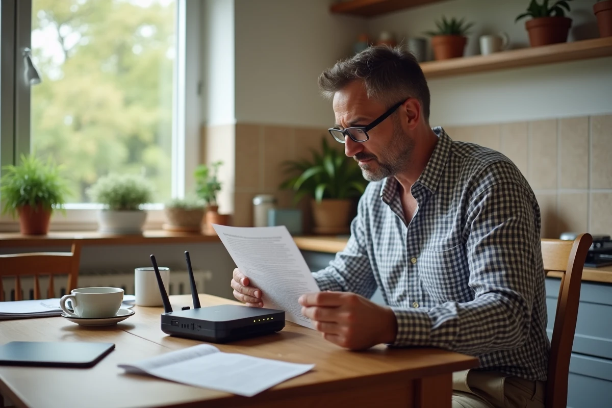 Homme vérifiant un modem Freebox débranché dans la cuisine