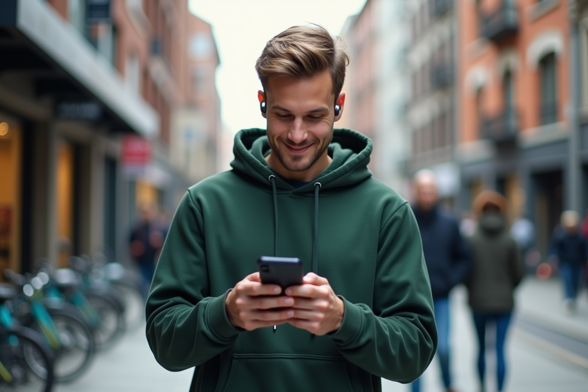 Jeune homme dans la rue regardant son smartphone avec écouteurs